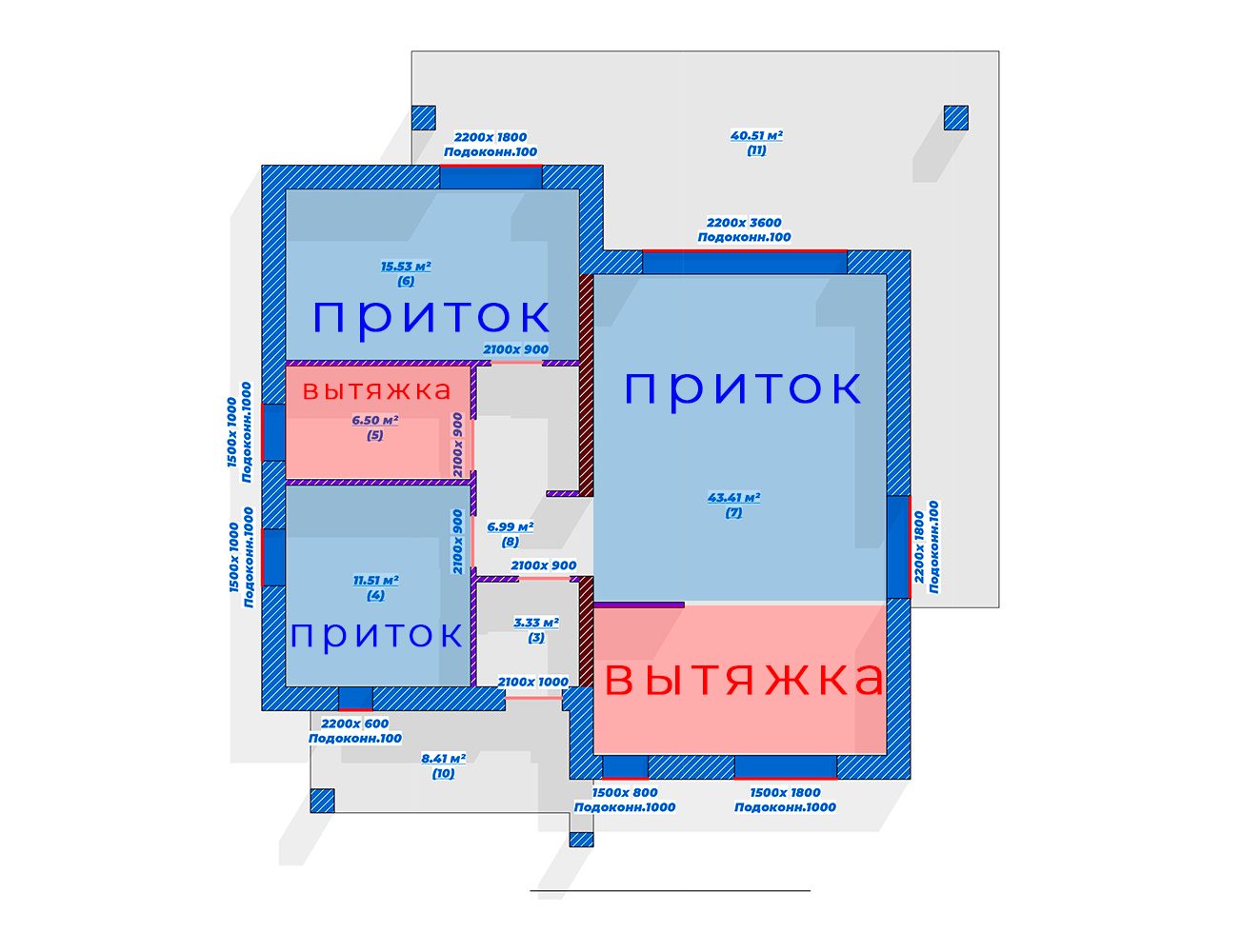 план этажа с указанием зон притока и вытяжки